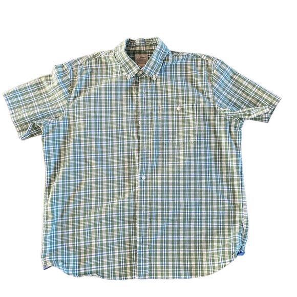 LL Bean Gorpcore Green Plaid Stretch Chambray Short Sleeve Stretch Shirt - Large - Picture 2 of 8